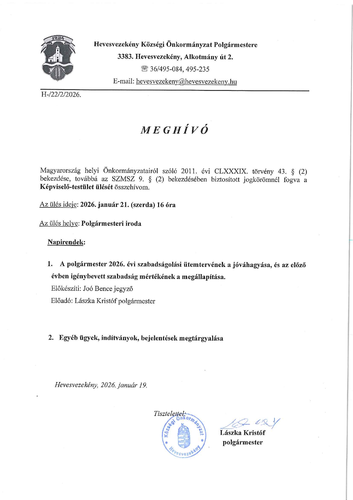 Meghívó 2026.01.21. Képviselő-testületi ülés